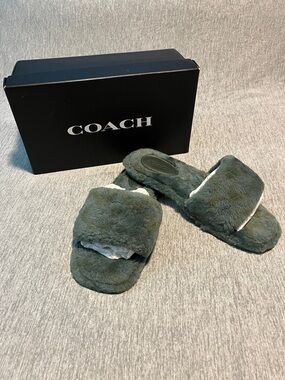 Coach Plush Slide Slippers in Dark Green